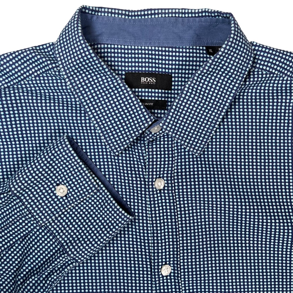 BOSS Hugo Boss Button Down Shirt Mens XL Blue White Slim Fit Geometric Micro Dot